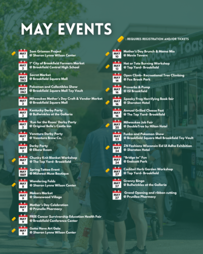 May 2026 events calendar for Brookfield listing markets, workshops, concerts, and community happenings